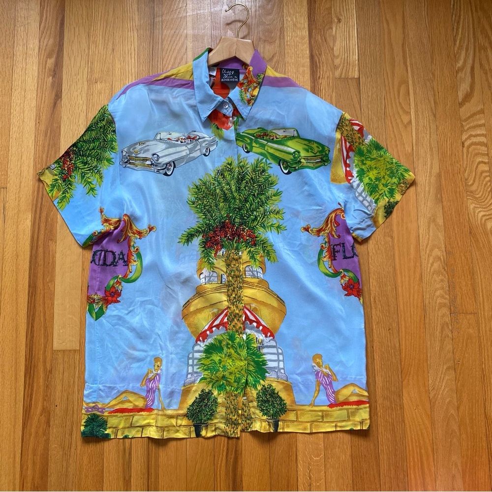 Club Room Light Blue Tropical Palm & Retro Car Button-Down silk Shirt